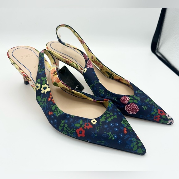 ZARA Printed Slingback Heels Floral Pointed Toe Mid Heel Shoes - Sz. 8 - Picture 4 of 9